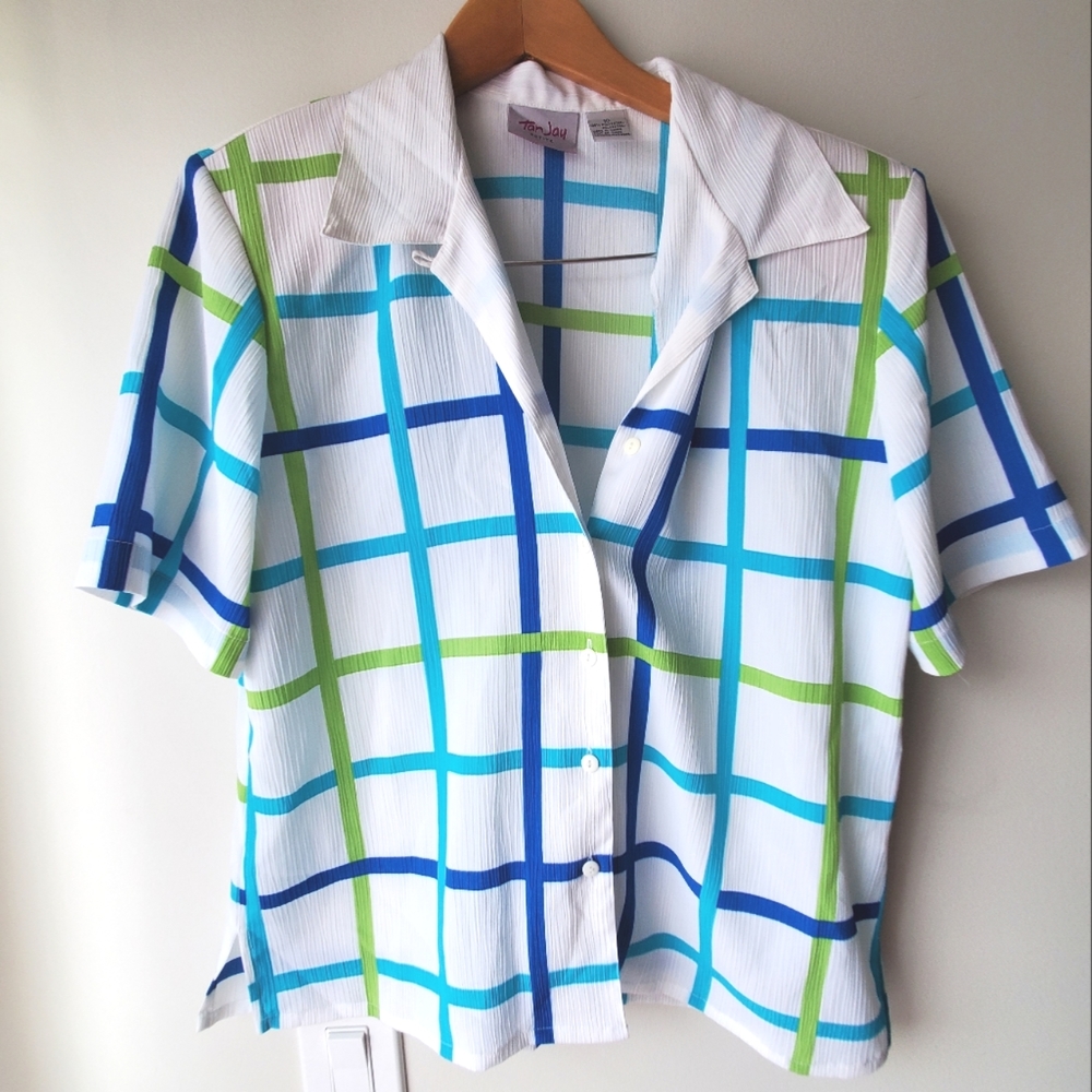 Tanjay Petite White Blue and Green Striped Button Up Size 10